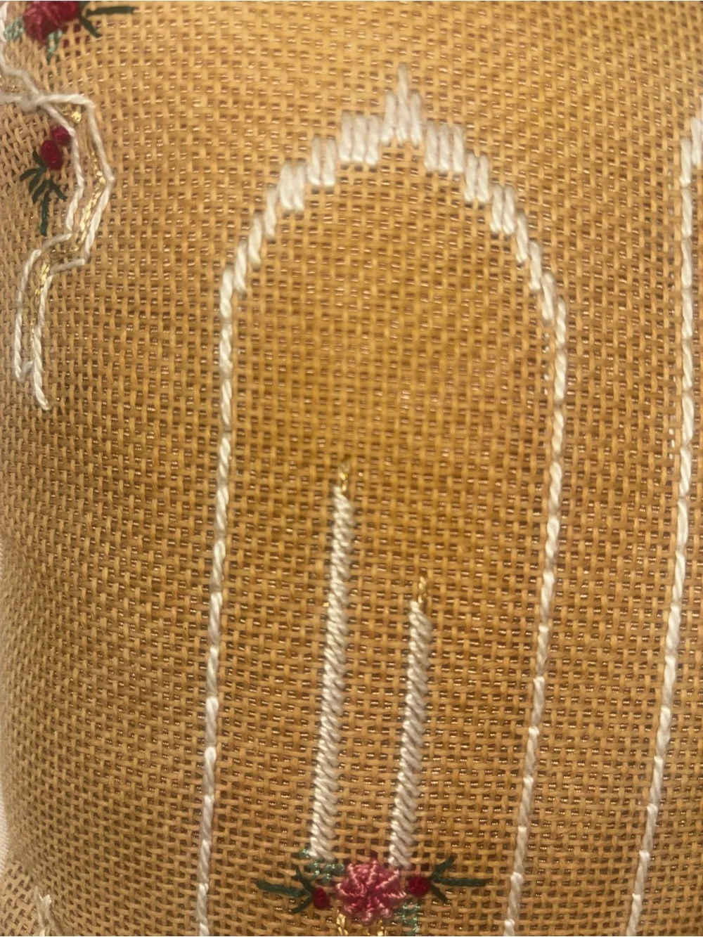 Vintage needlepoint lace and satin Noel pillow